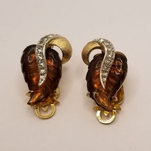Vintage Marvella Amber Leaf Clip On Earrings